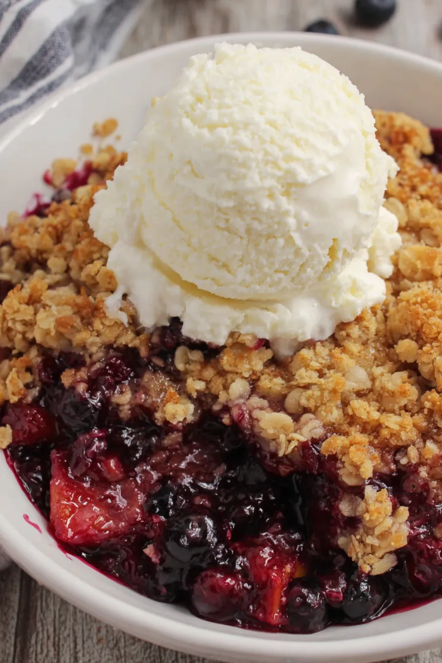 Blueberry Peach Crisp in baking dish, bubbling and golden