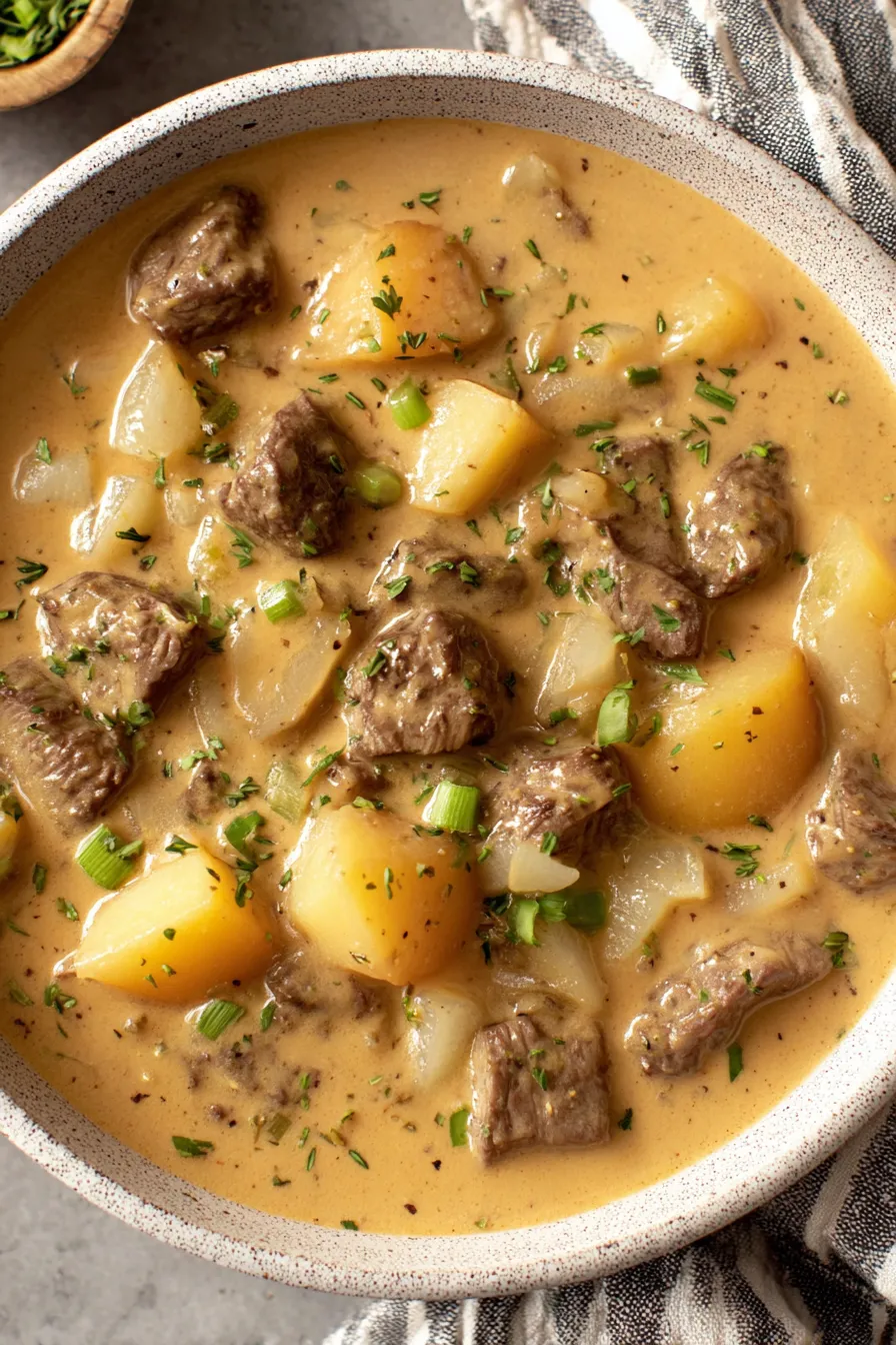 Seared beef and diced potatoes in pot