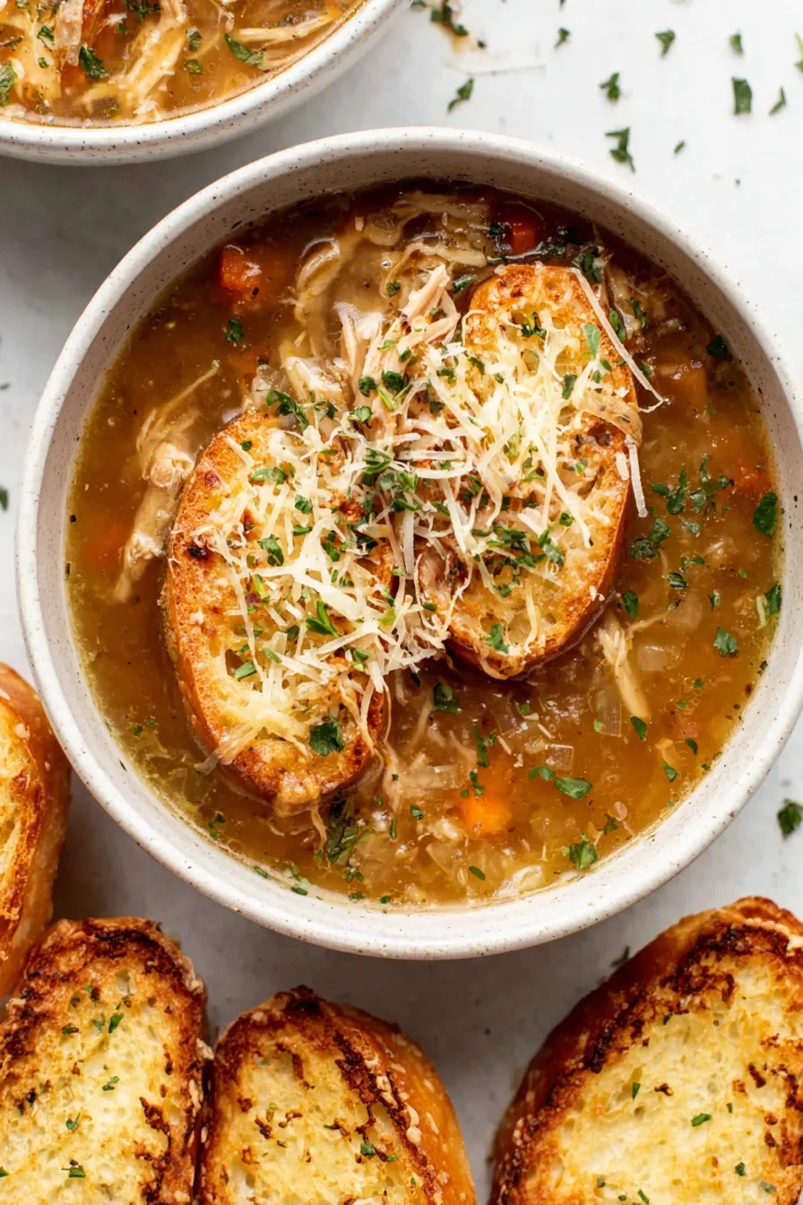 Cheesy baguette toasts for topping French Onion Chicken Soup