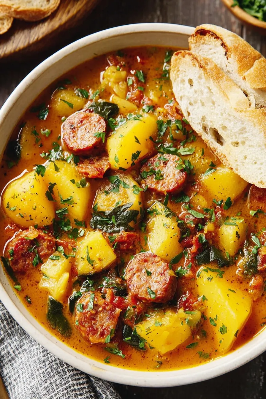 Bowl of spicy chorizo and potato soup garnished with parsley