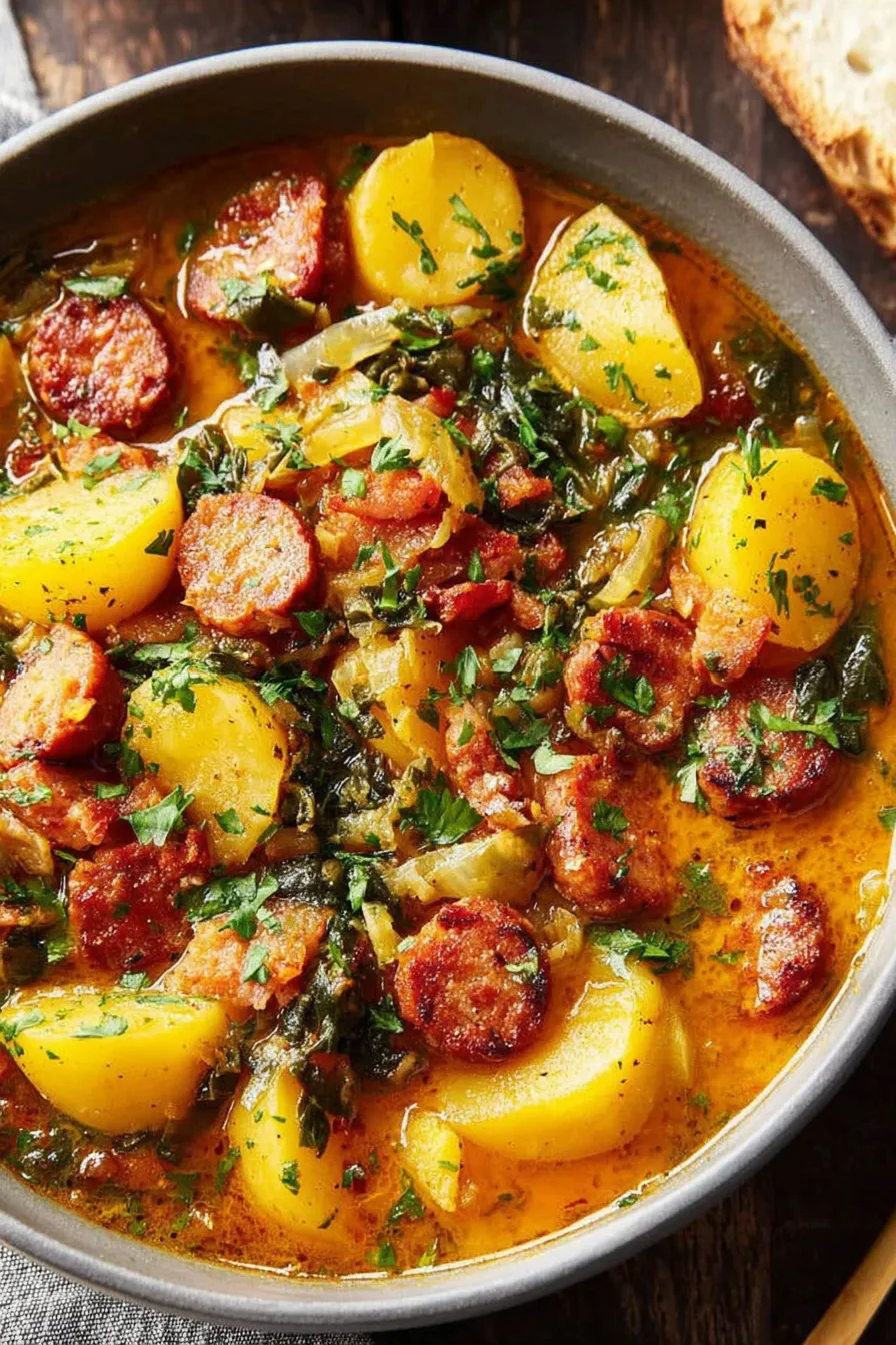 Close-up of chorizo and potatoes cooking