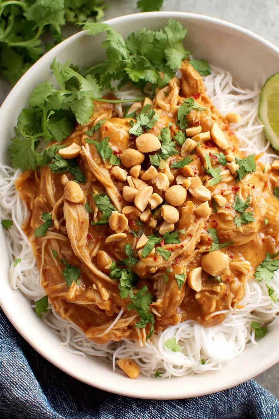 Bowl of Thai peanut chicken with rice and cilantro garnish