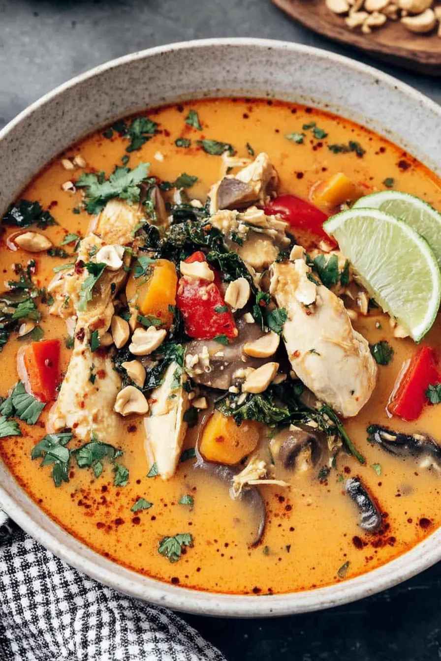 Bowl of Thai chicken soup with cilantro and peanuts