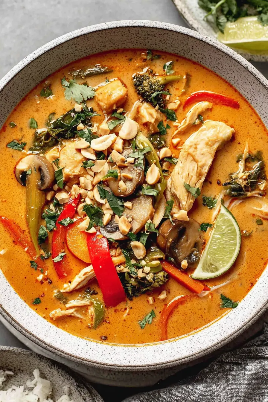 Close-up of spoonful of Thai soup with vegetables