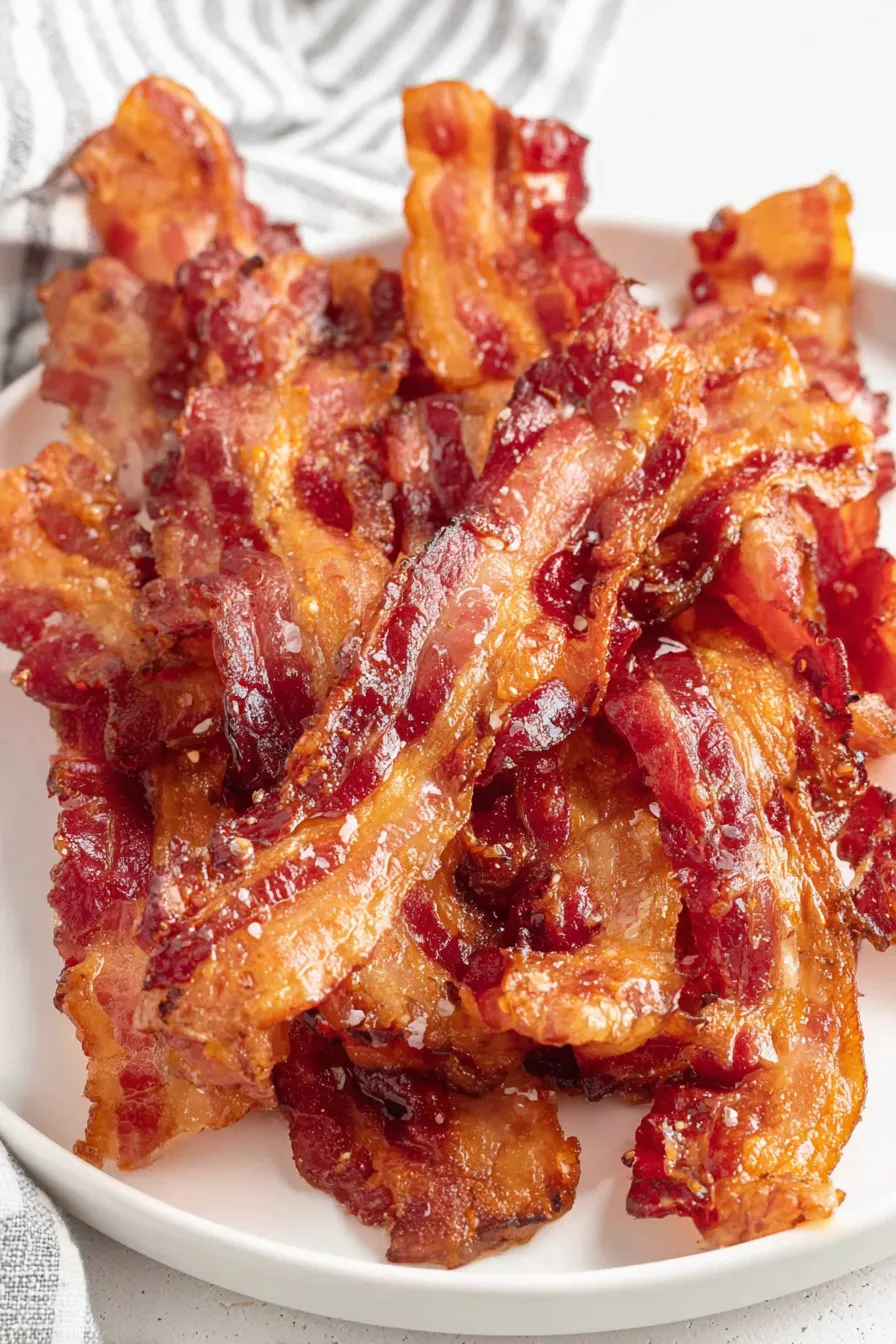 Plated oven baked bacon cooling on paper towels