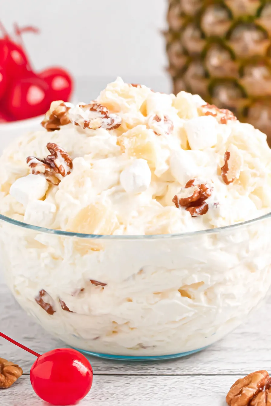 Serving scoop of Piña Colada Fluff with toasted coconut