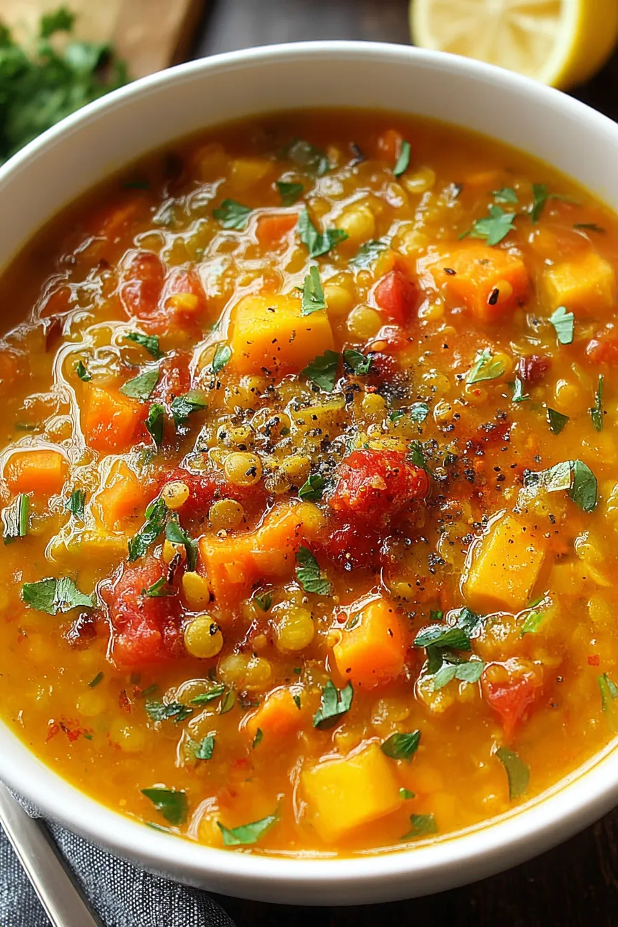 Steaming bowl of red lentil soup