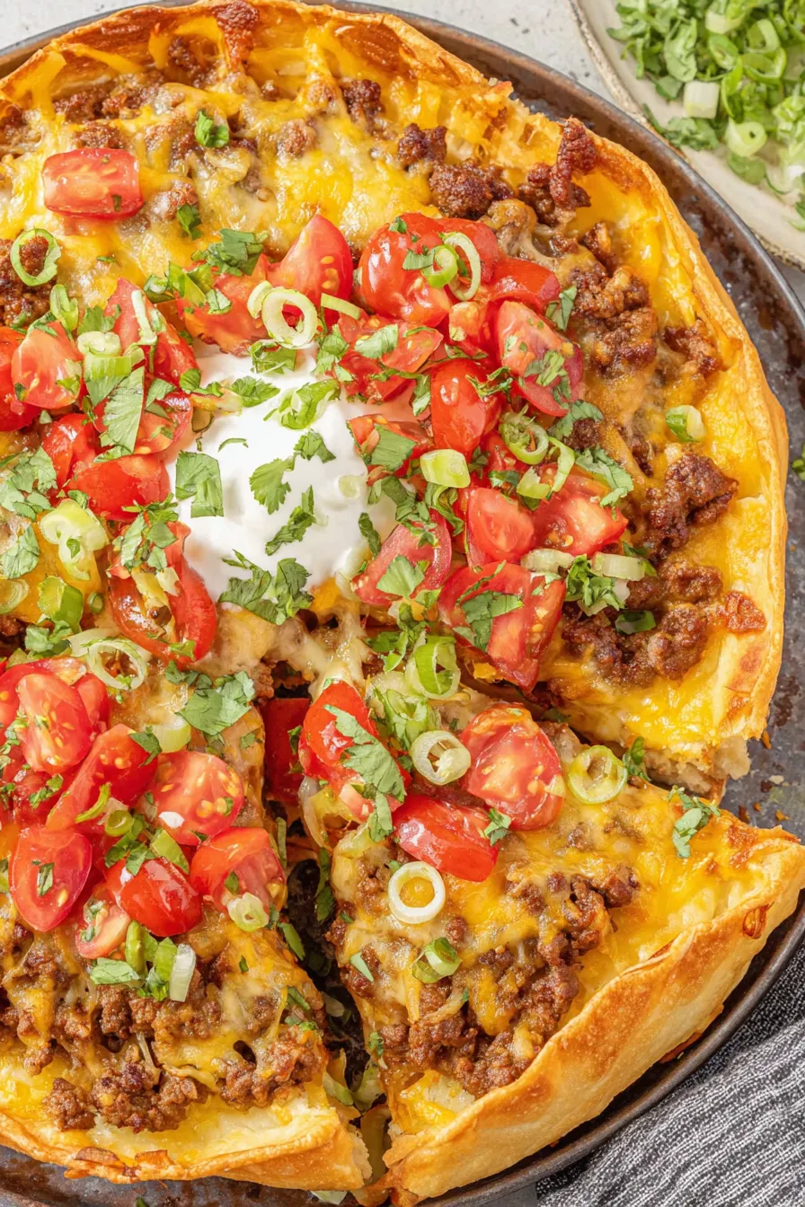 Close up of taco pizza slice