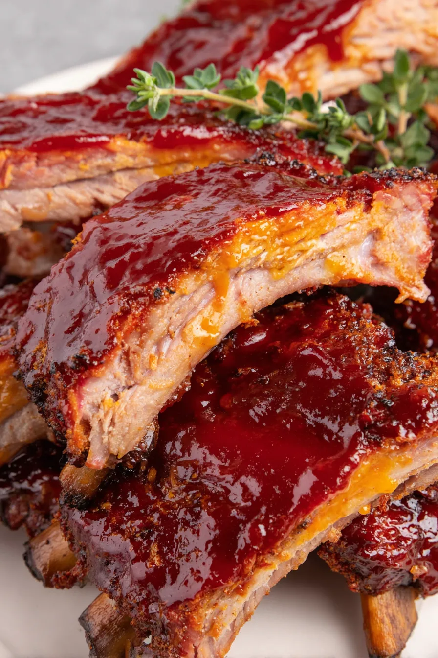 Sliced baby back ribs on a serving board