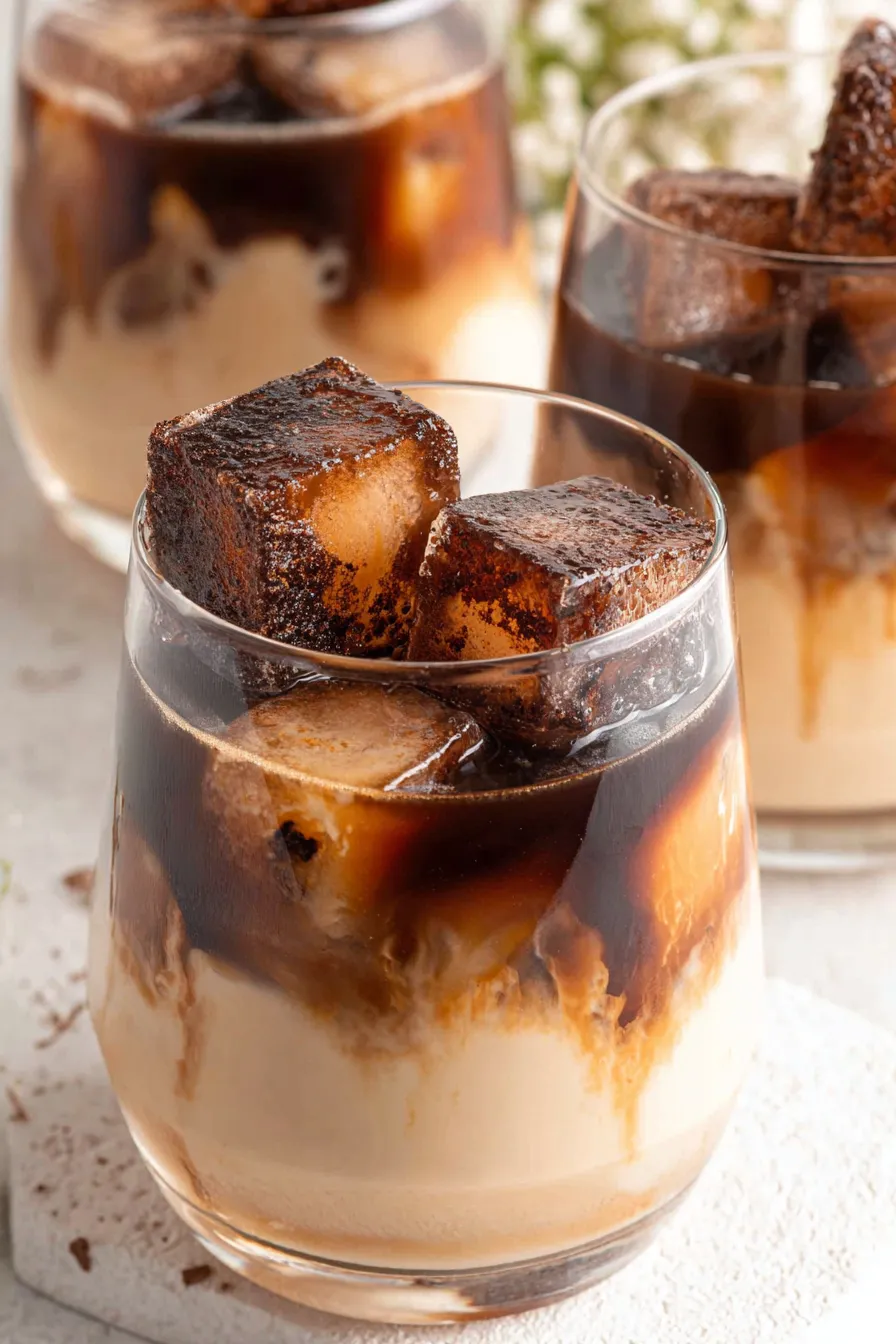 Bailey's and coffee ice cubes poured in two glasses