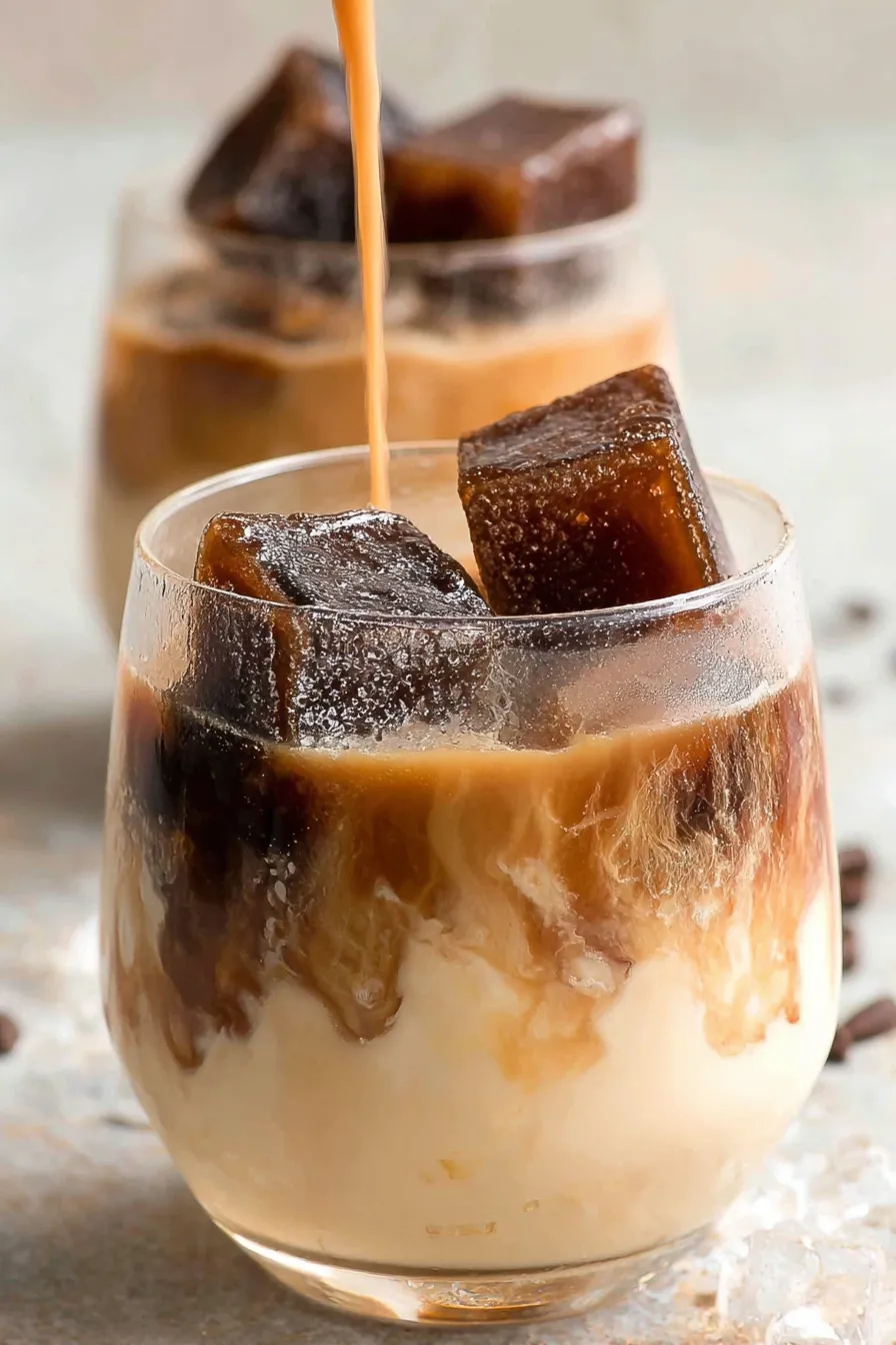 Close-up of coffee ice cube and creamy pour