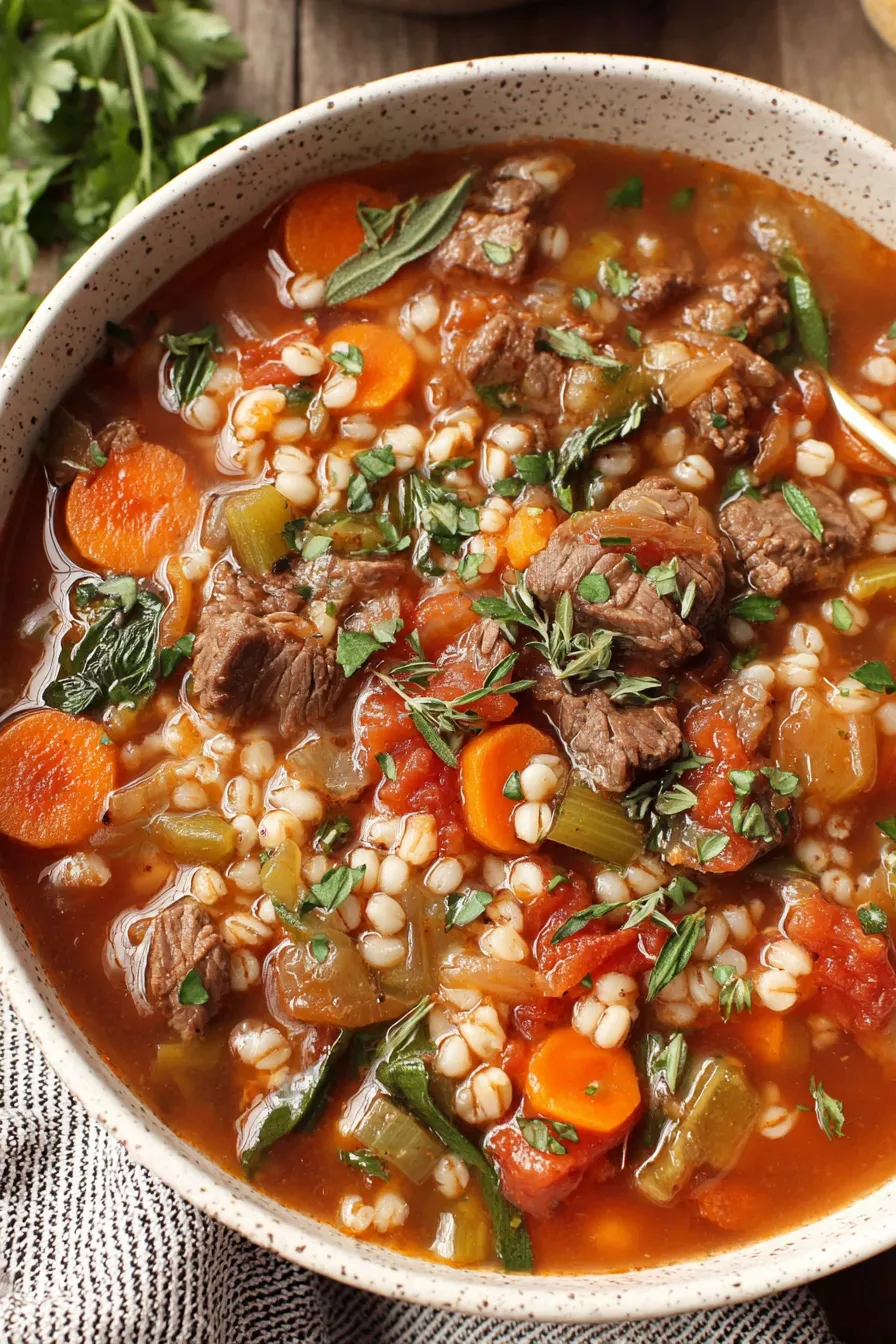 Bowl of hearty beef and barley soup