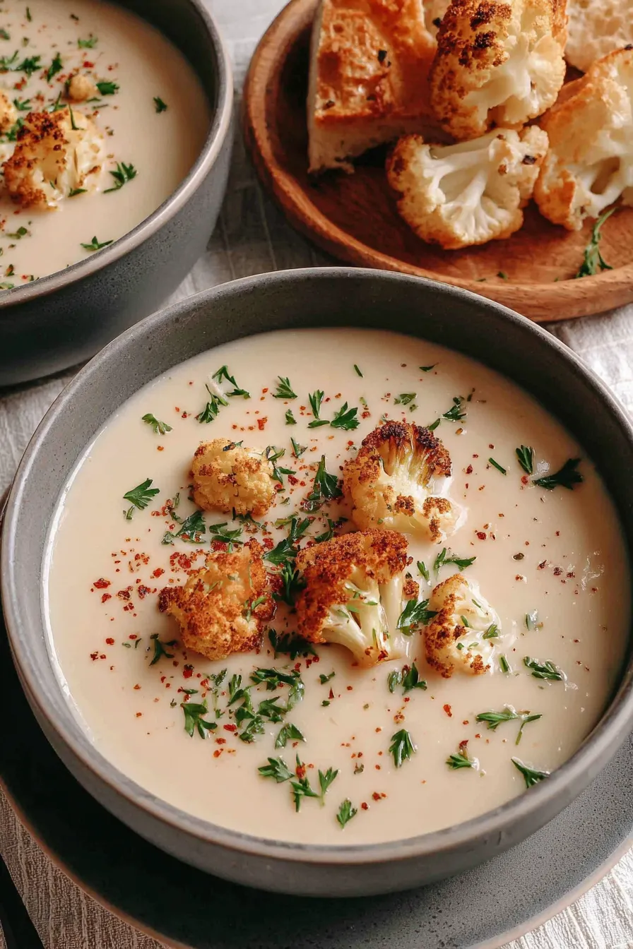 Creamy cauliflower soup in a bowl with garnish