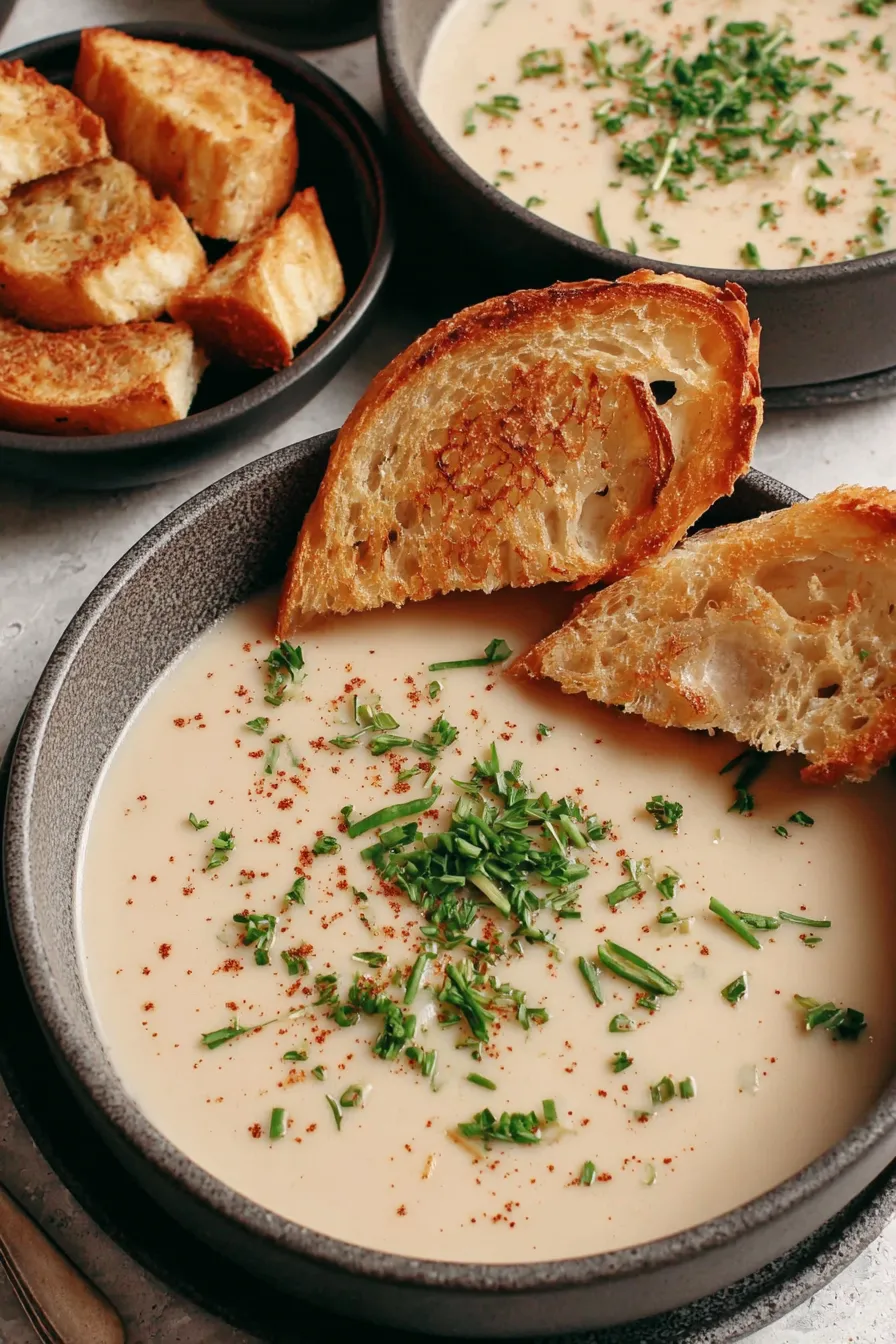 Ingredients for cauliflower soup laid out on a cutting board