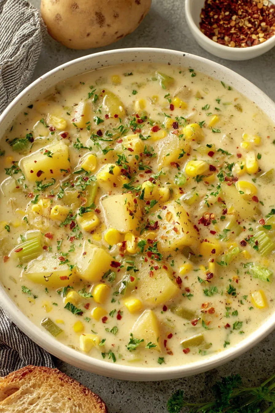 Creamy potato corn chowder simmering in a pot