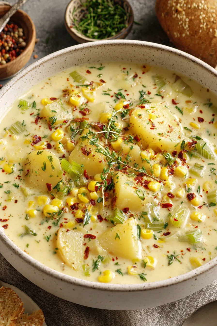 Bowl of potato corn chowder garnished with parsley