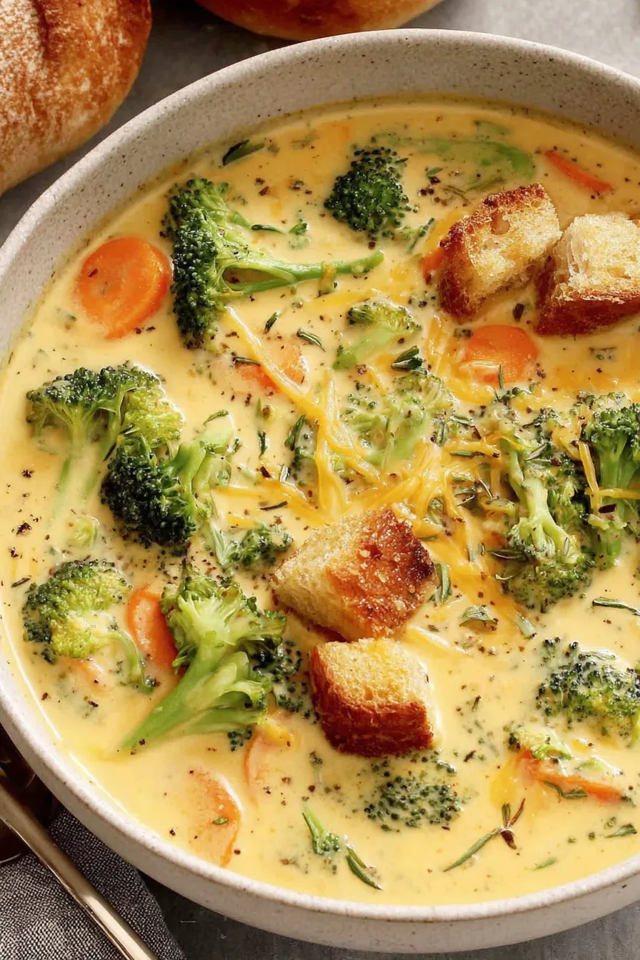 Bowl of creamy broccoli cheddar soup with garnish