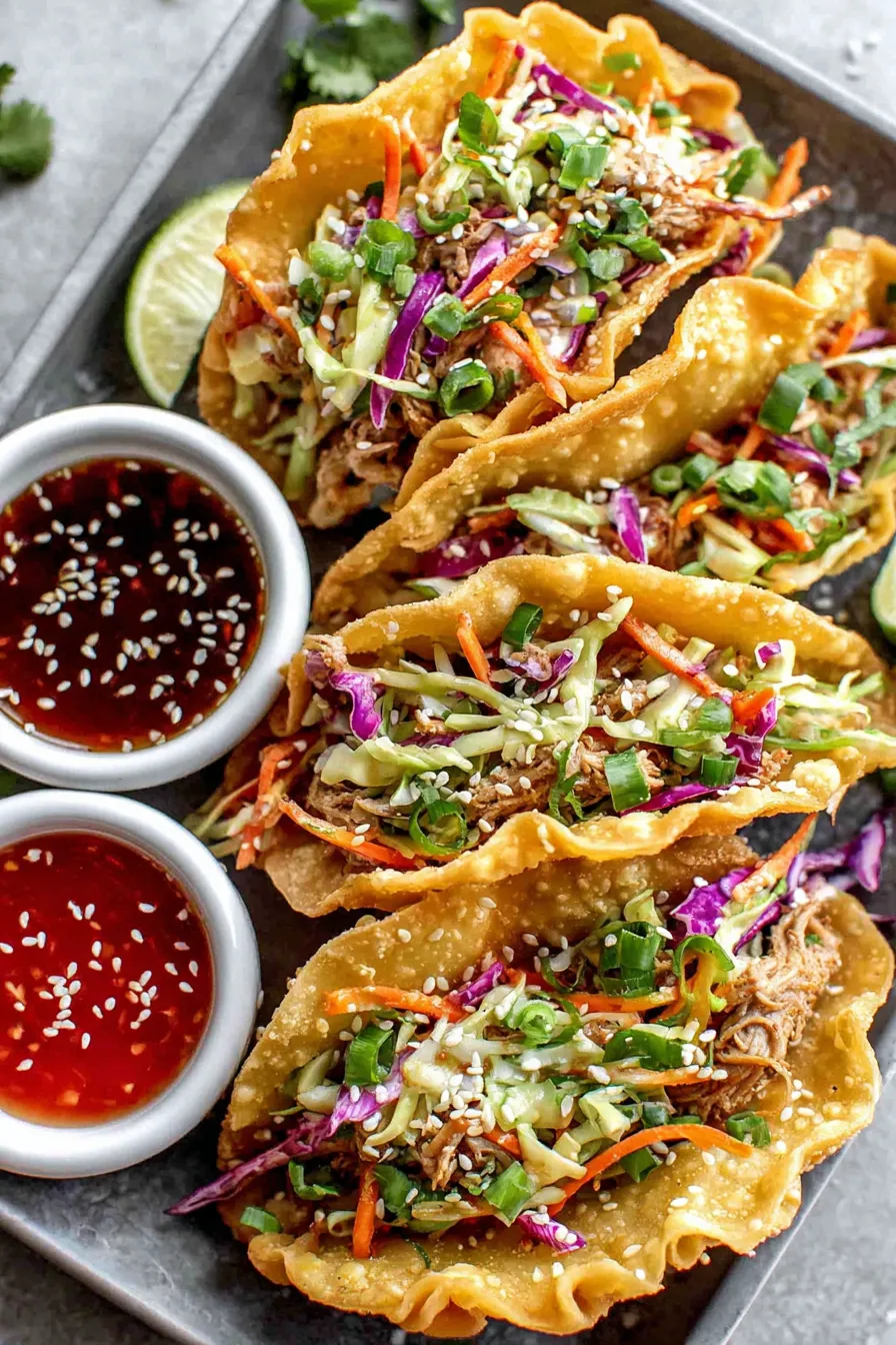 Baked wonton cups filled with chicken and slaw