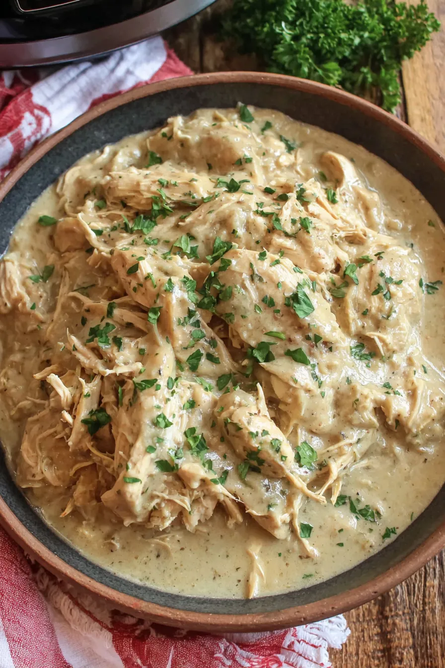 Close-up of shredded chicken in creamy gravy