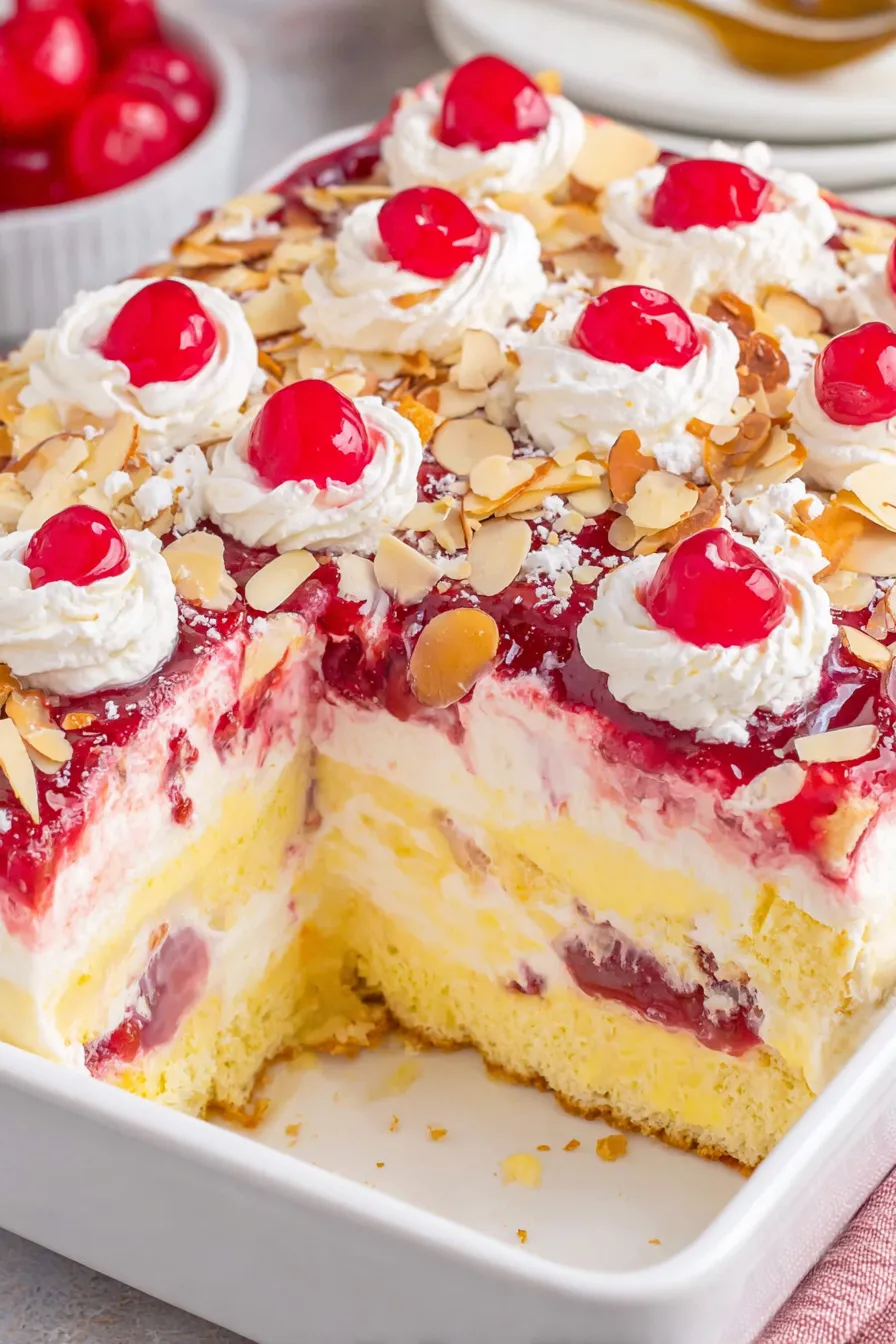 Heaven on Earth Cake layered in a 9x9 dish with cherries and cream