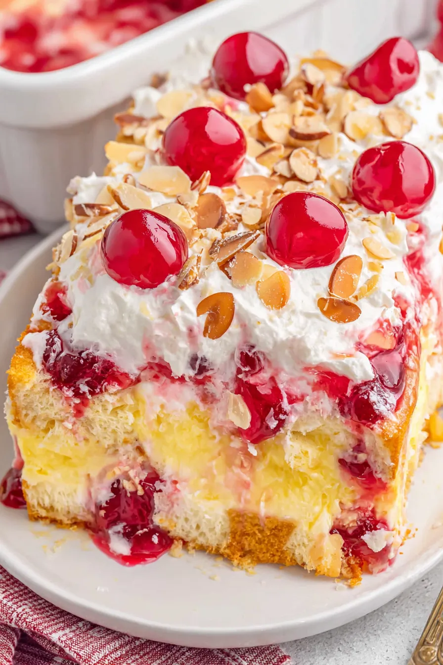 Slice of Heaven on Earth Cake showing layers of cake, cream, and cherries