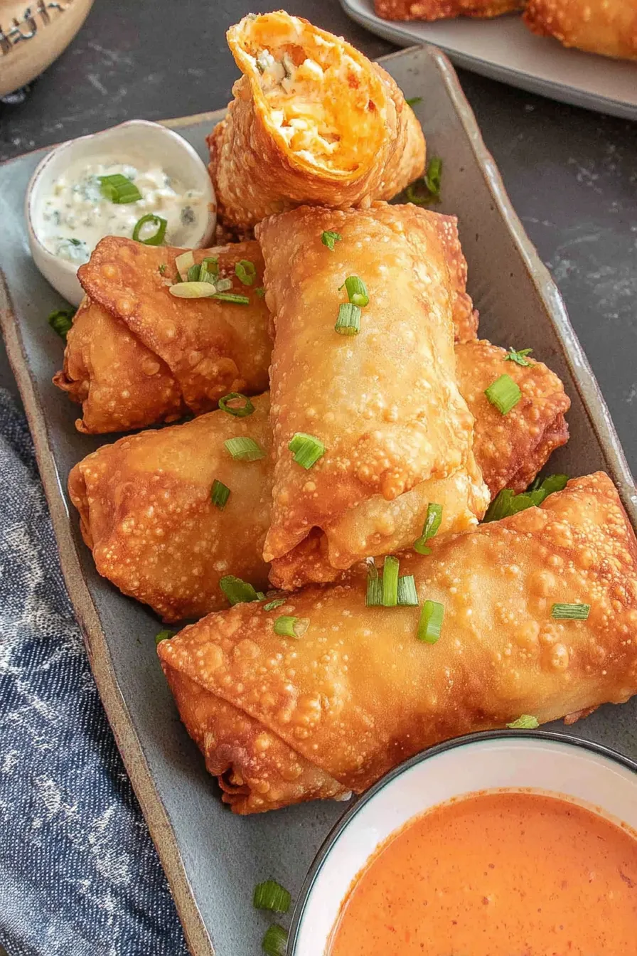 Buffalo chicken egg rolls frying in skillet