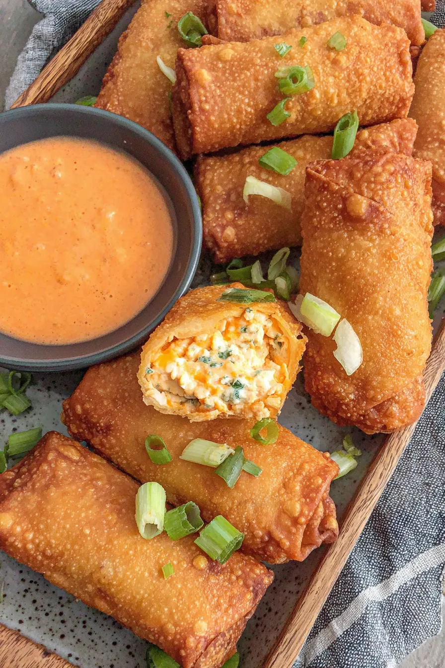 Plated buffalo chicken egg rolls with ranch