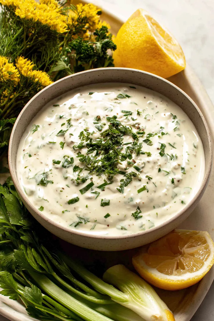 Jar of tartar sauce next to pickles and lemon
