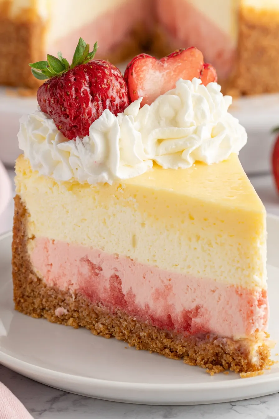 Strawberries and cream cheesecake close up