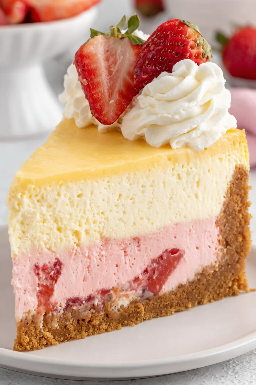 Slice of strawberries and cream cheesecake plated