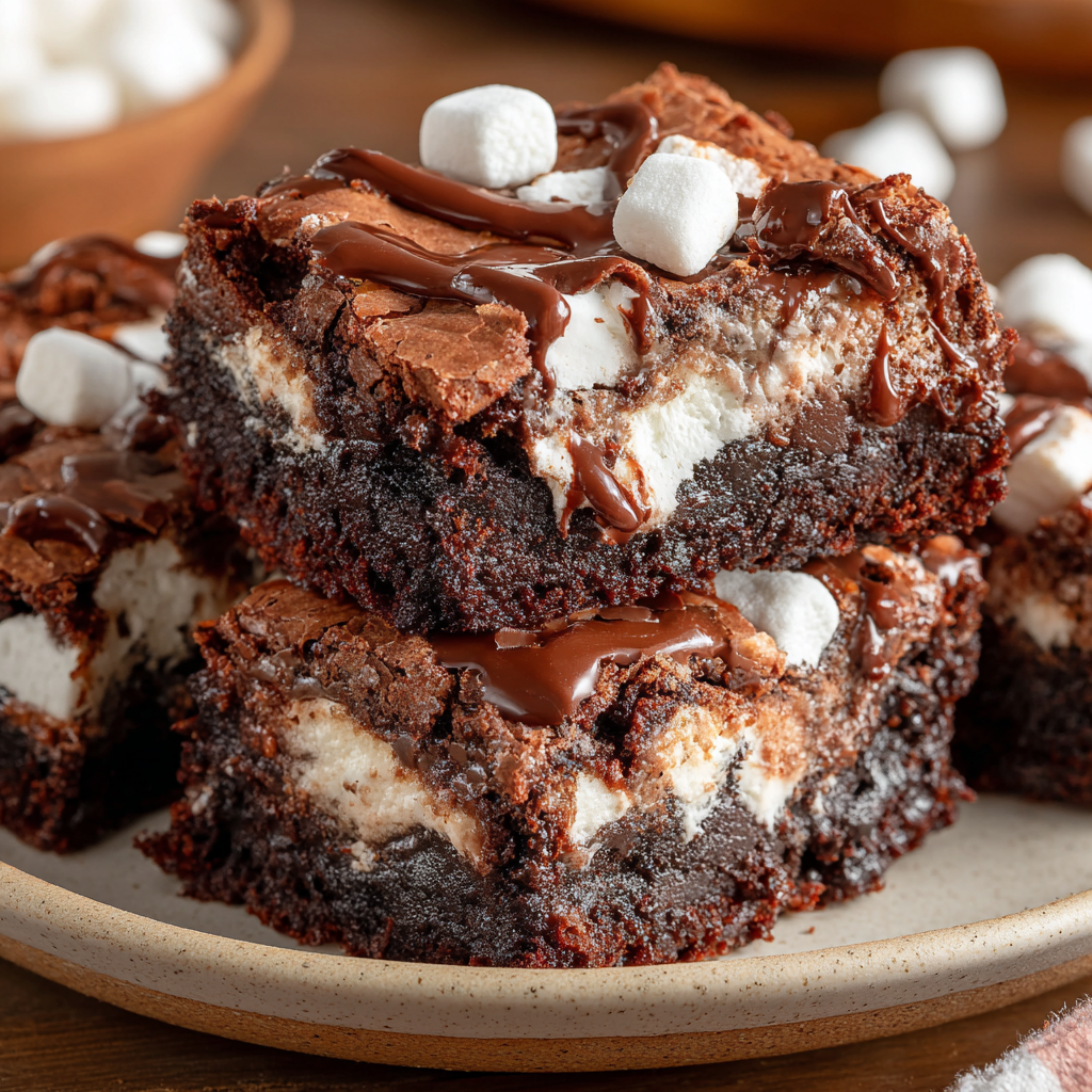 Close-up of sliced marshmallow-topped brownies on a cooling rack