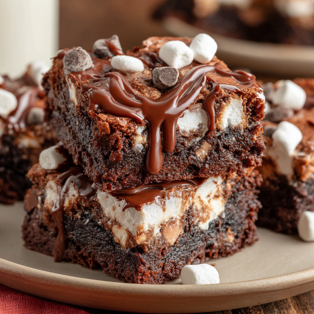 Tray of glossy iced brownies with marshmallow layer being sliced