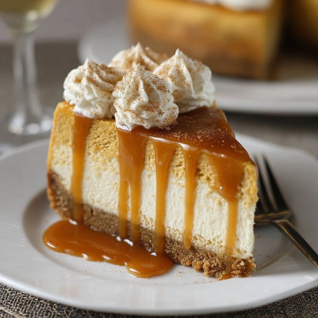 Sliced pumpkin cheesecake on a plate with caramel drizzle