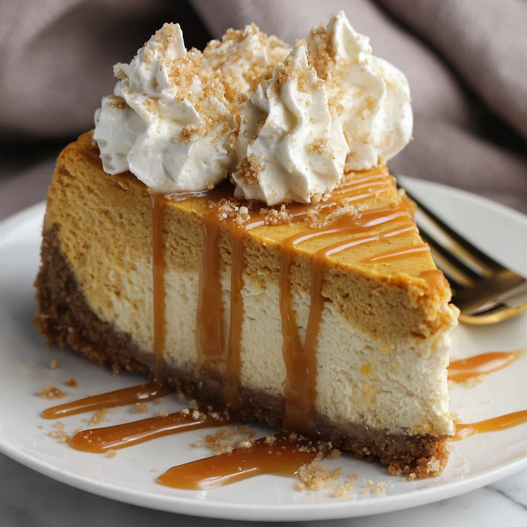 Whole pumpkin cheesecake with a smooth top on a stand