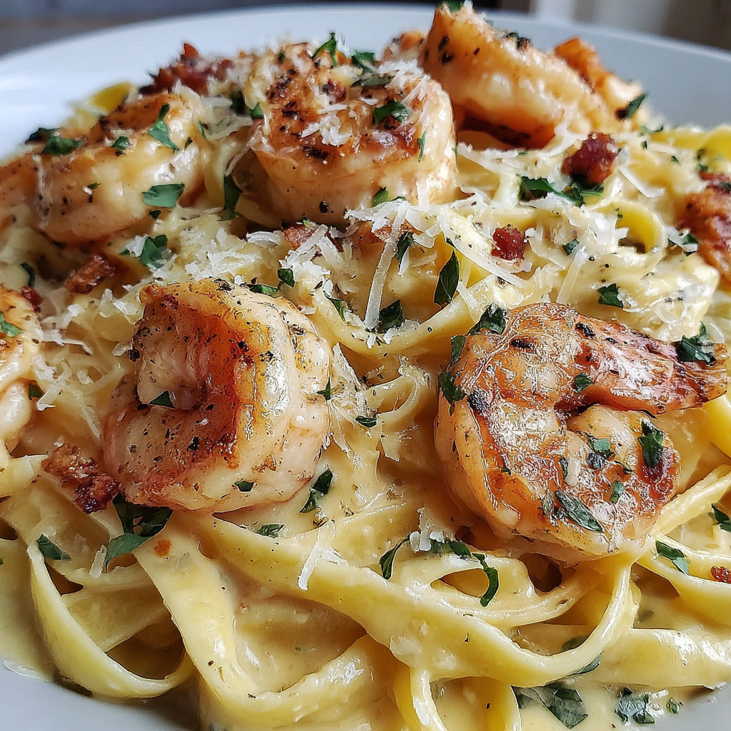 Ingredients for creamy shrimp pasta laid out on a counter