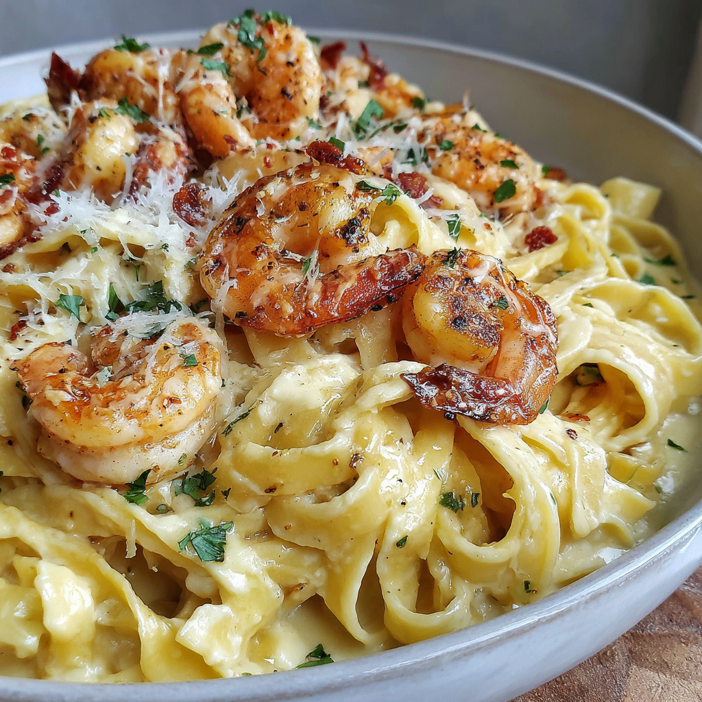 Bowl of shrimp alfredo with parsley and Parmesan