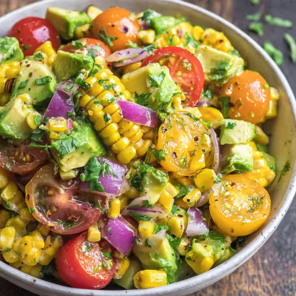 Avocado corn salad tossed with lime-cilantro dressing in a bowl