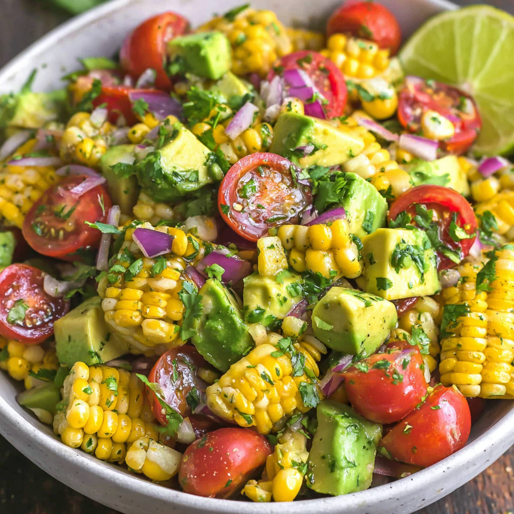 Close-up of charred corn kernels and avocado chunks ready for salad