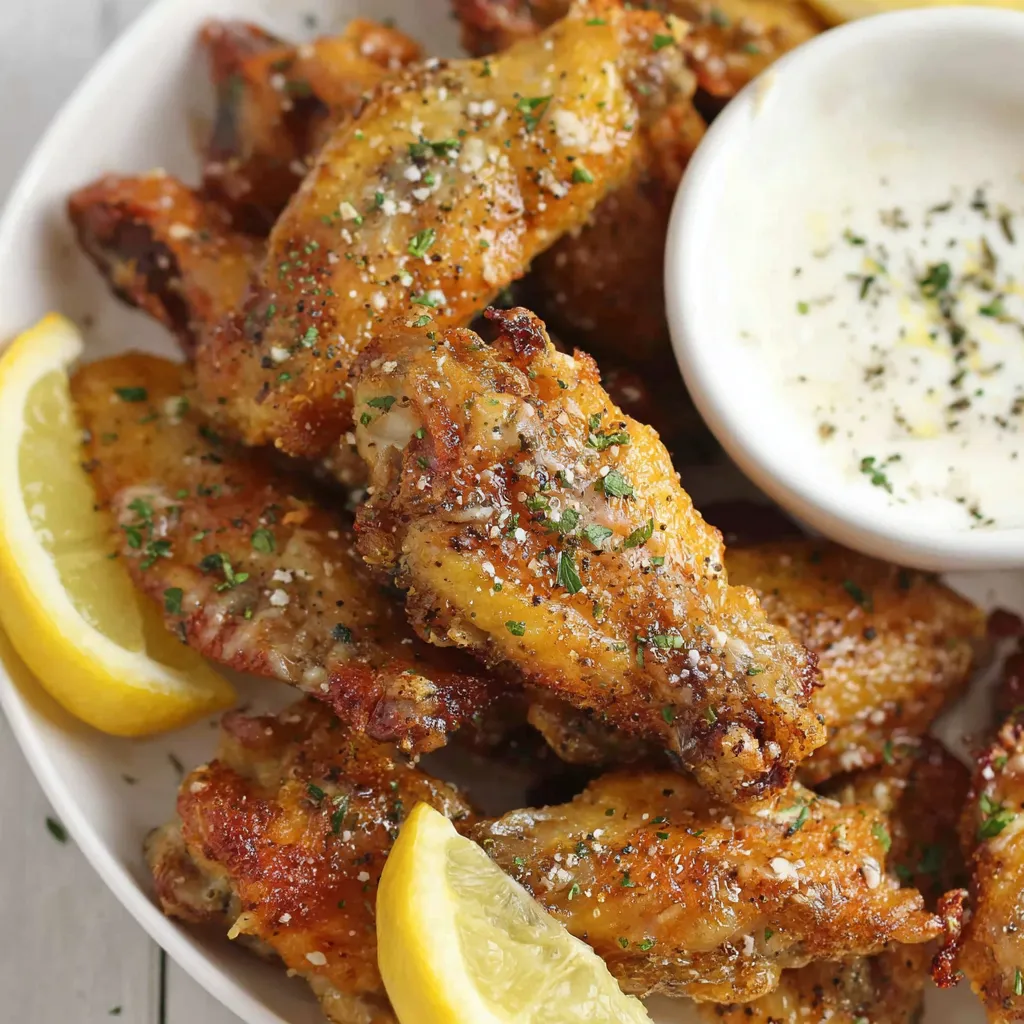 Close-up lemon-pepper wings with parsley