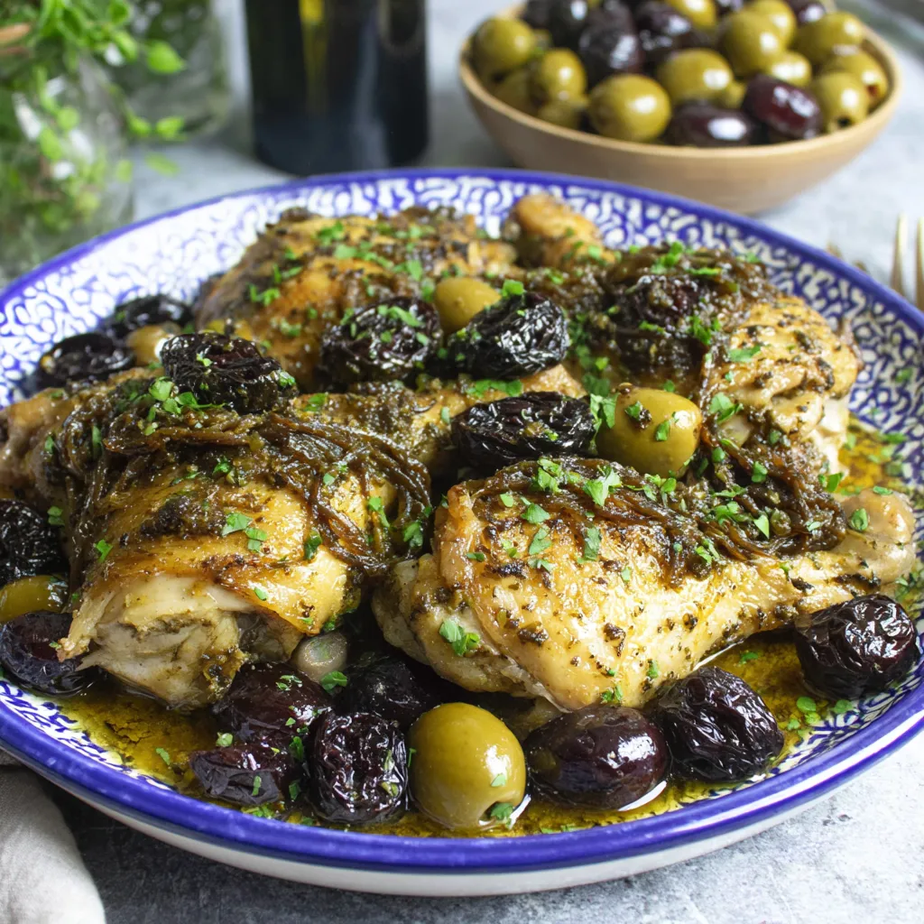 Chicken Marbella in a roasting pan with prunes and olives