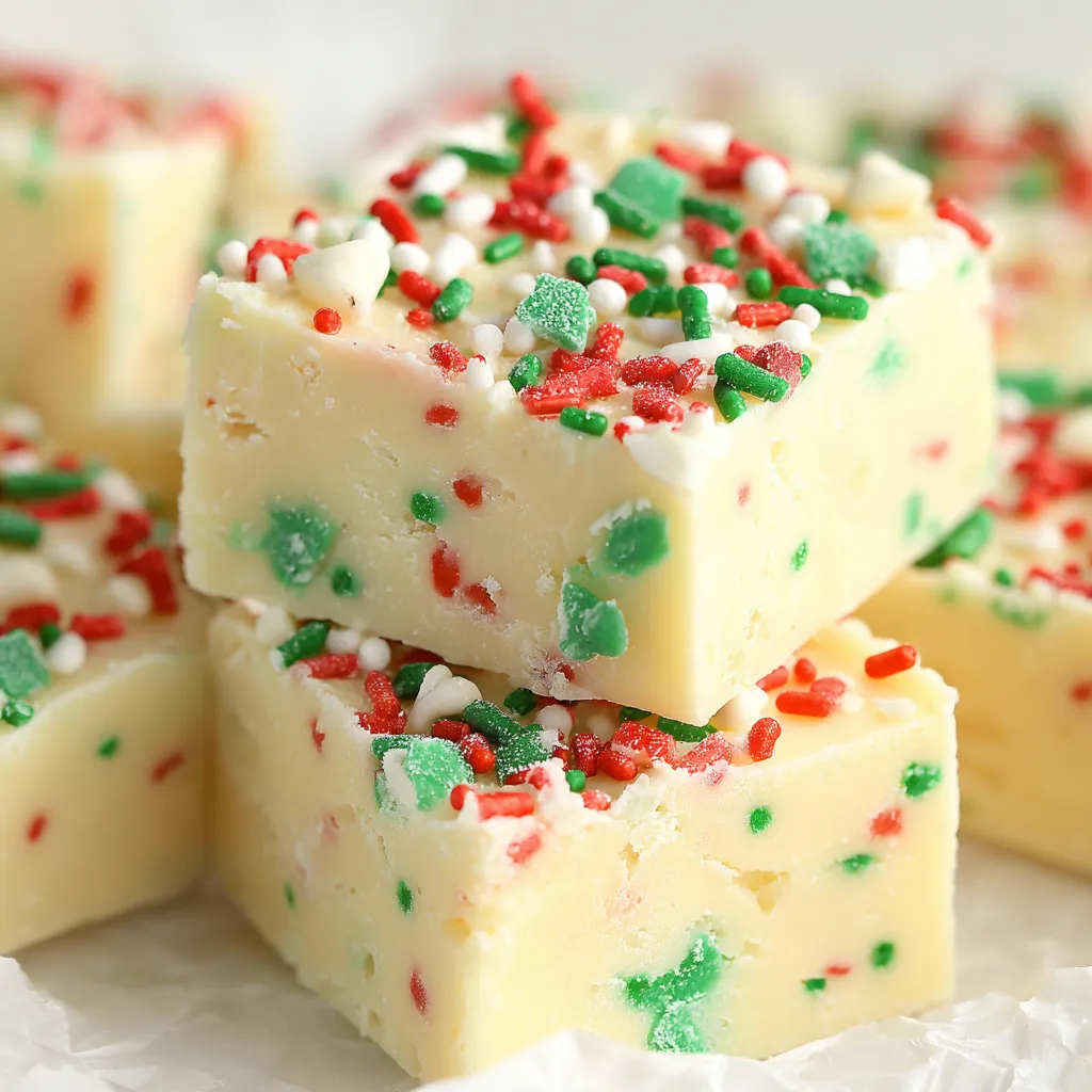 White chocolate fudge in square pan topped with Christmas sprinkles