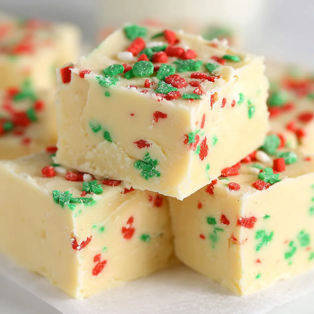 Close-up of sliced sugar cookie fudge with sprinkles on a tray