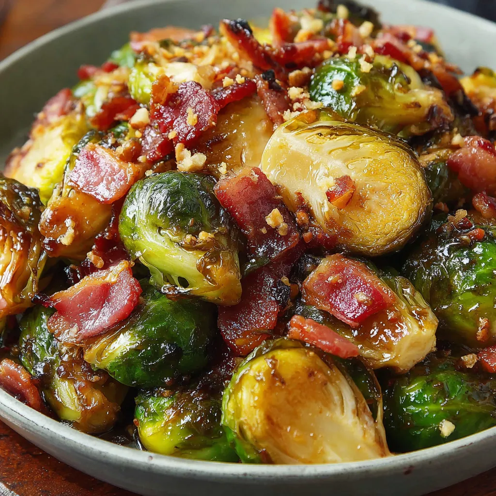Finished plated Brussels sprouts with maple-balsamic glaze and bacon