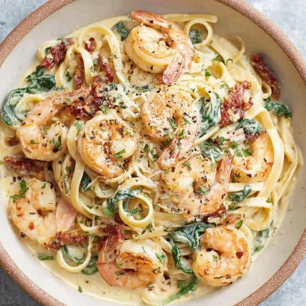 Close-up of creamy Tuscan shrimp linguine with parsley garnish