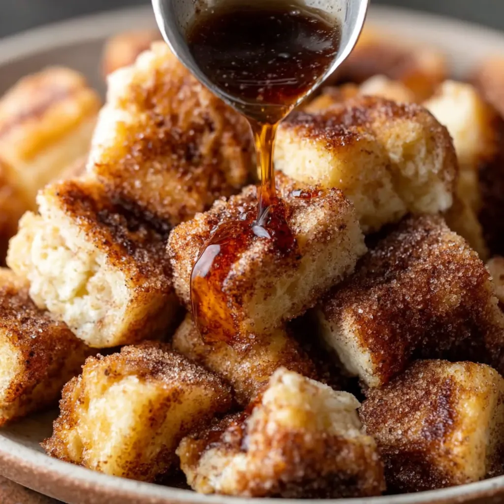 Close-up of a cinnamon roll bite showing custardy interior