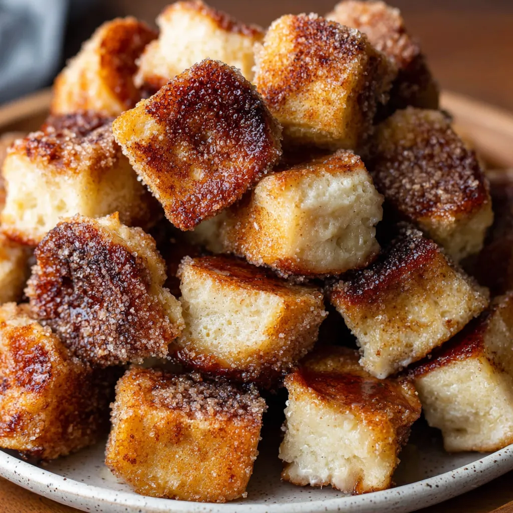 Cinnamon Roll French Toast Bites cooked and drizzled with icing