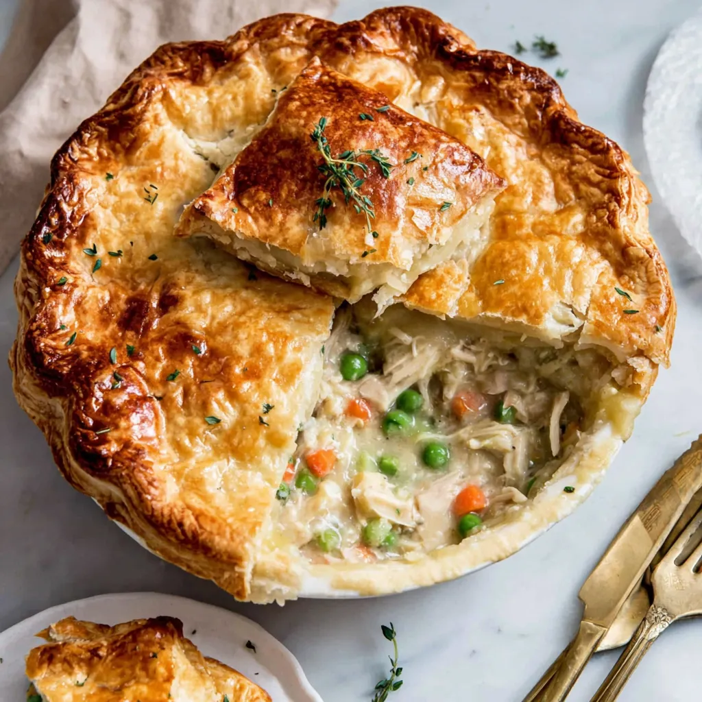 Golden baked chicken pot pie with flaky crust