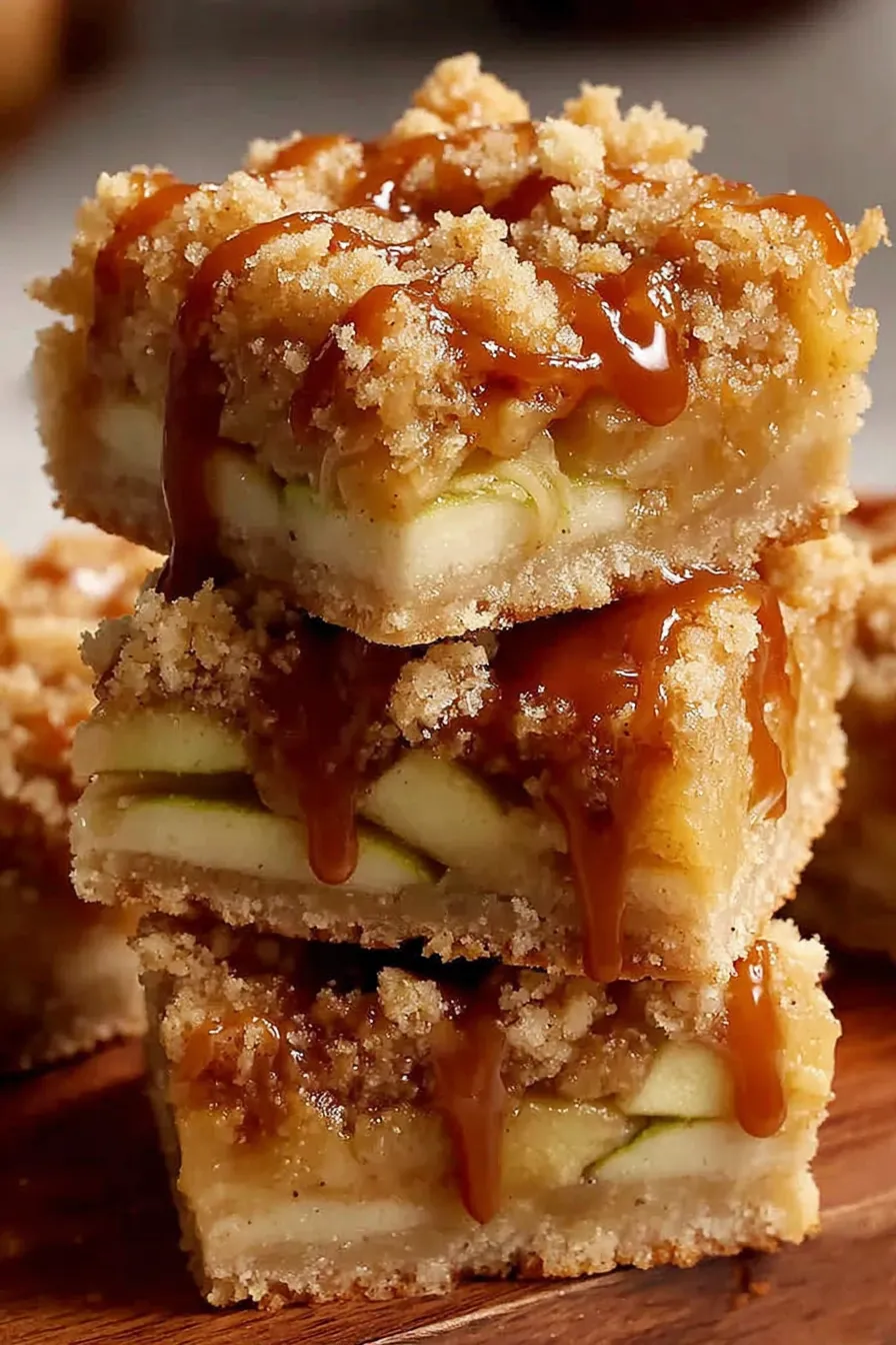 Baked salted caramel apple crumble bars in a pan