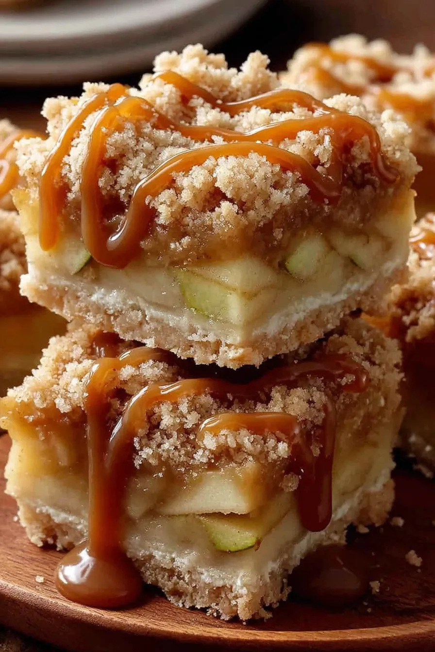 Close-up of salted caramel drizzle on apple crumble bar