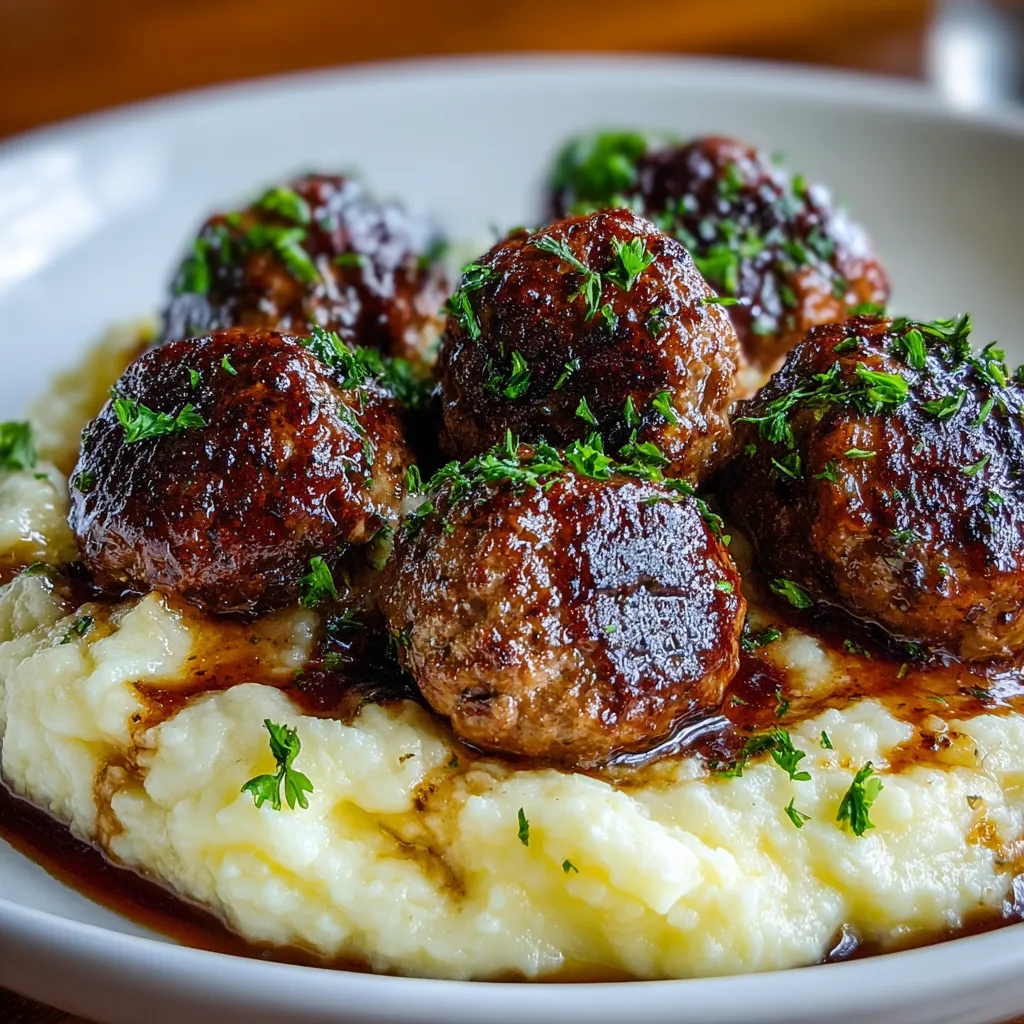 Salisbury Steak Meatballs With Garlic Herb Mashed Potatoes
